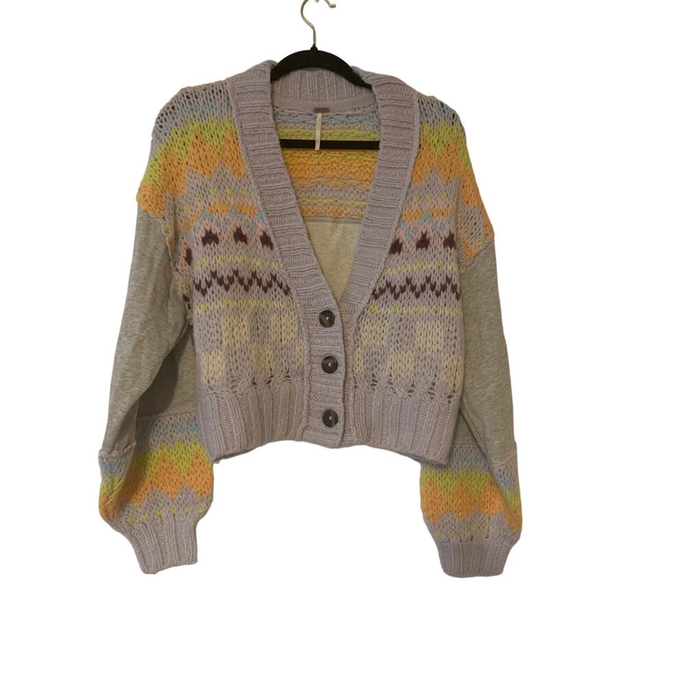 Free People Wool Alpaca Blend Button Front Purple Print Cardigan Oversized Small